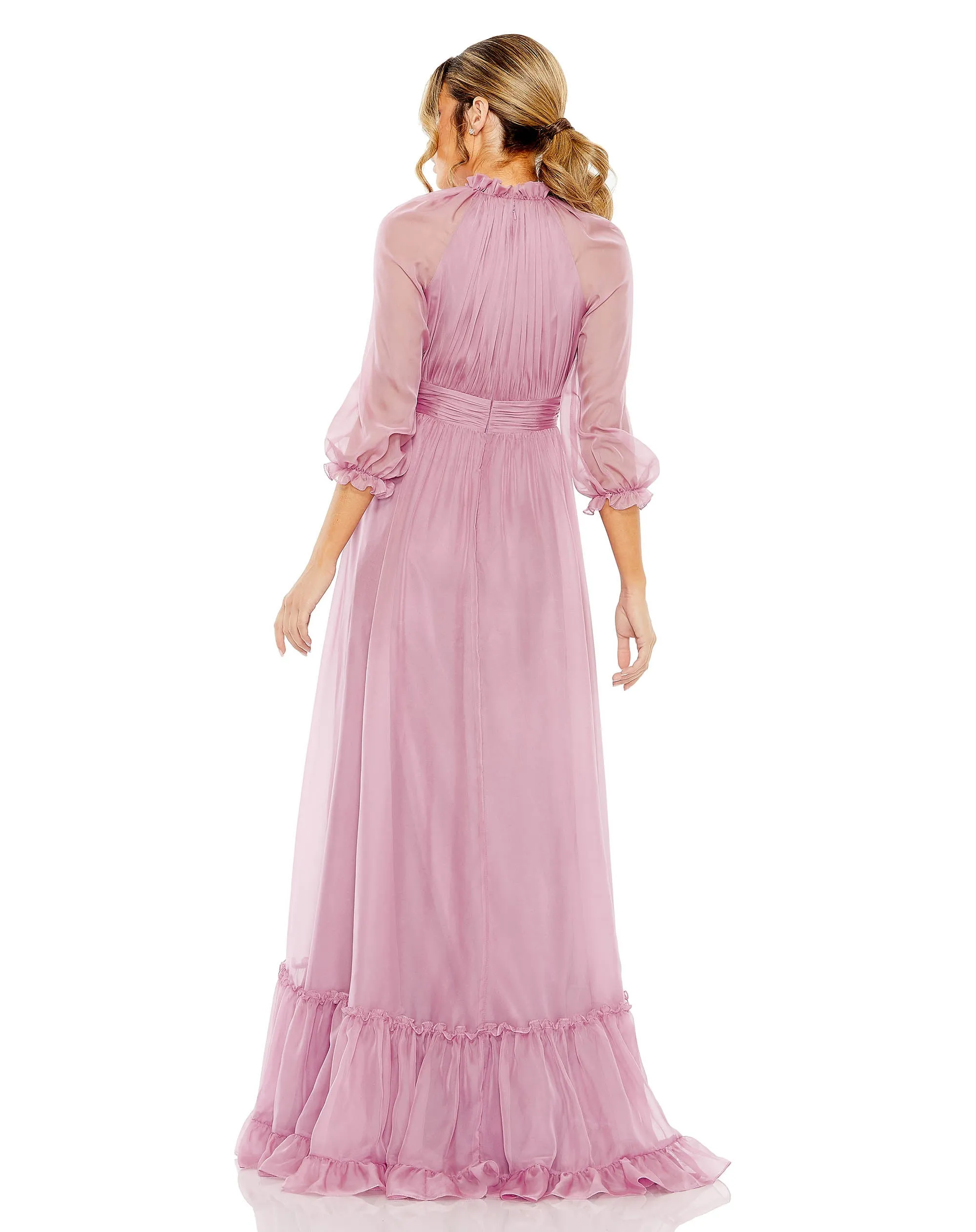 Chiffon Ruched Illusion Raglan Sleeve Ruffled Gown