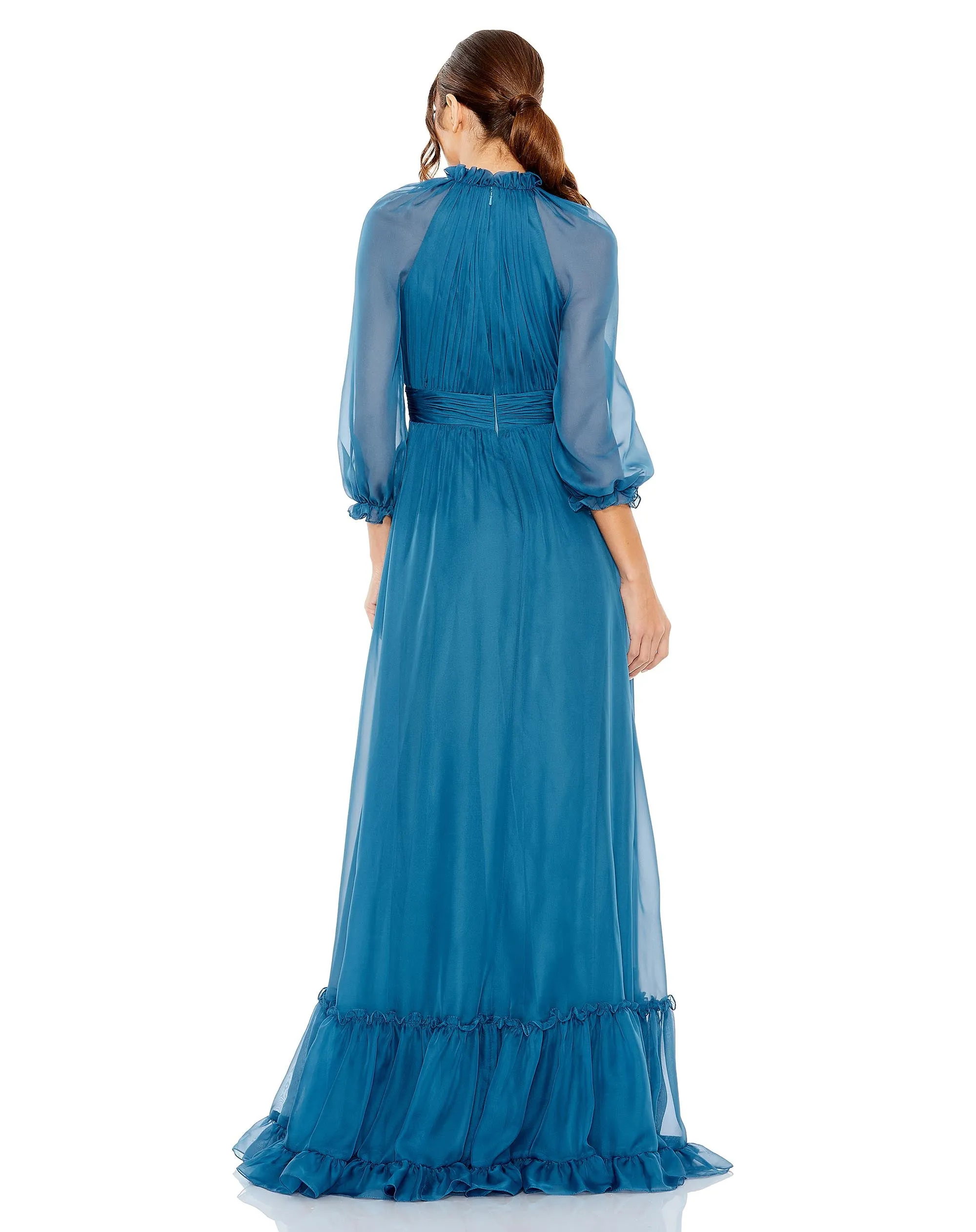 Chiffon Ruched Illusion Raglan Sleeve Ruffled Gown