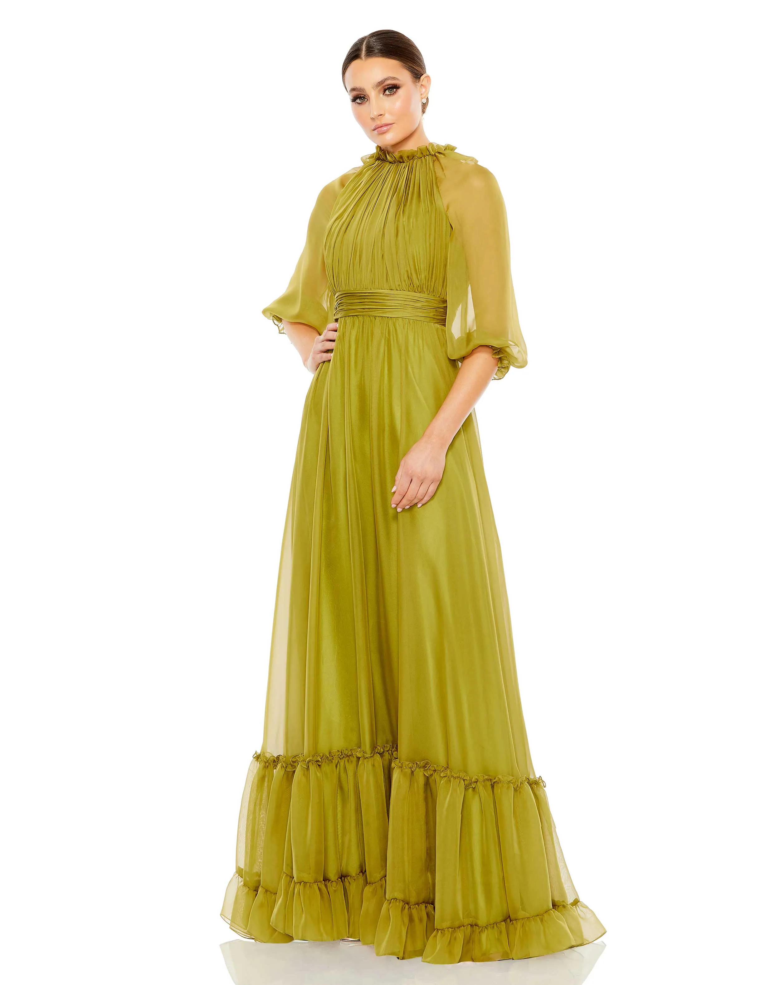 Chiffon Ruched Illusion Raglan Sleeve Ruffled Gown