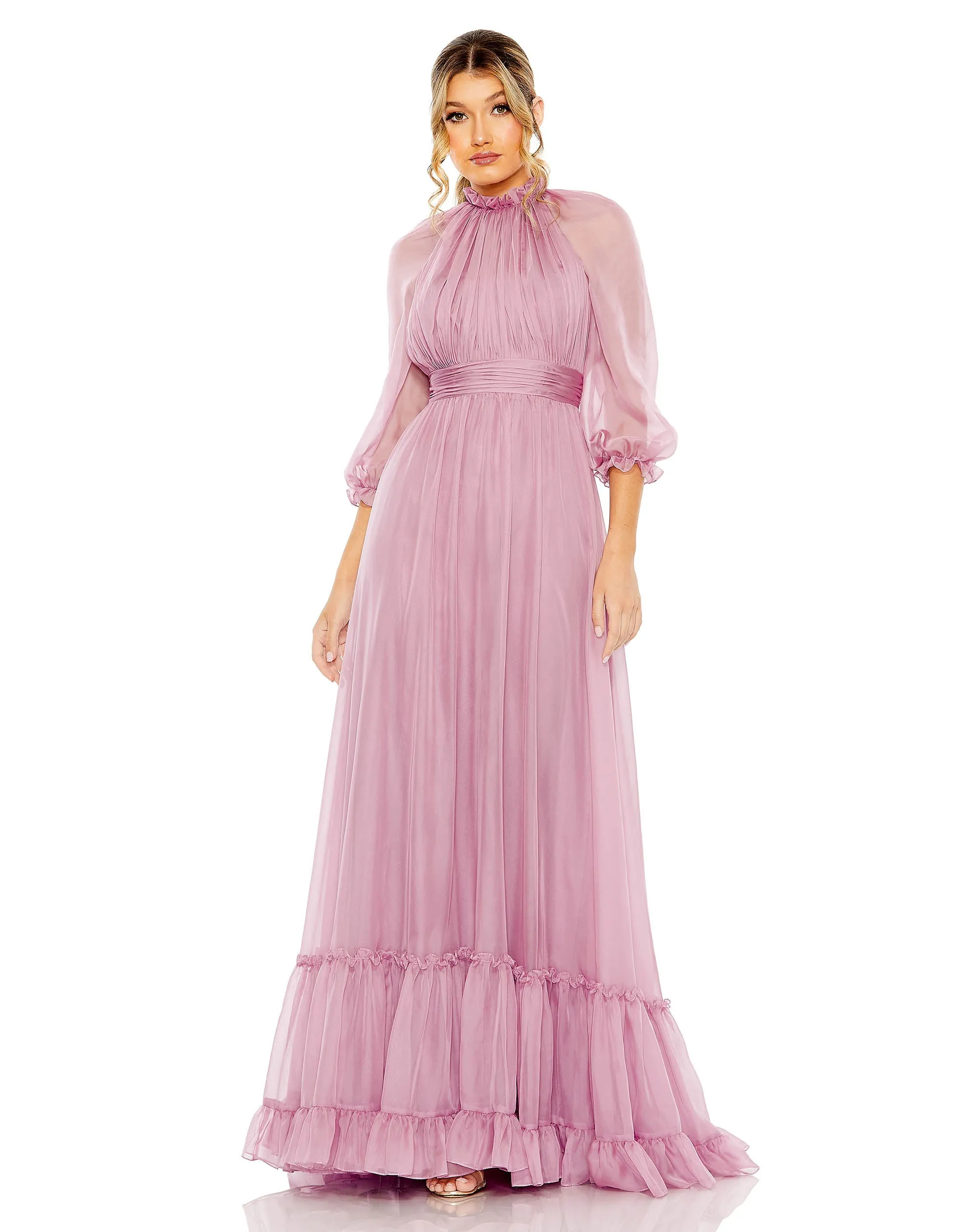 Chiffon Ruched Illusion Raglan Sleeve Ruffled Gown