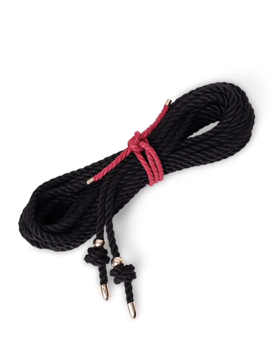 Coco de Mer Bondage Rope with Gold Tips and Metal Pearl 8m Black