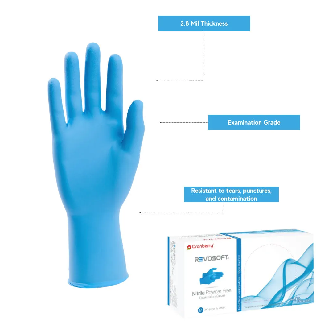 Cranberry REVOSOFT Blue Nitrile Gloves - Exam Grade Powder Free (2.8 Mil), 3000 Gloves