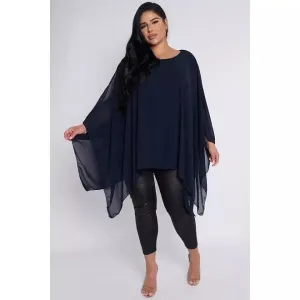 Dahlia PLUS SIZE Navy Sheer Cape Style Batwing Top