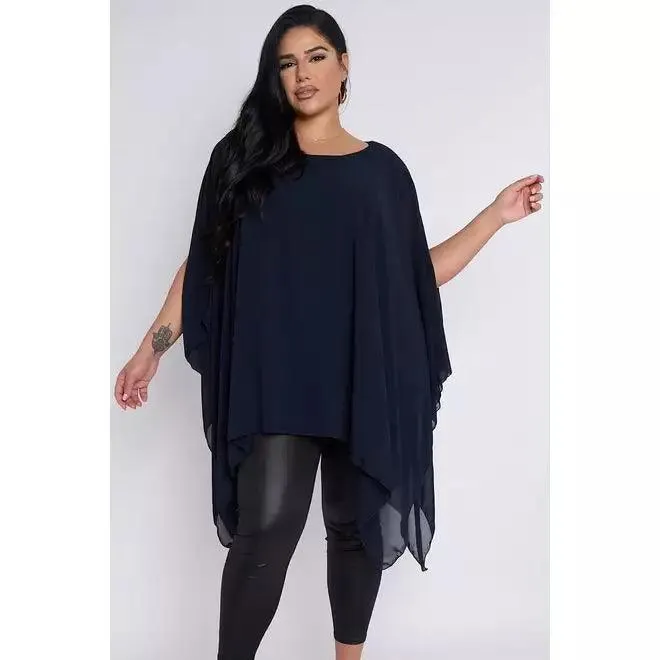 Dahlia PLUS SIZE Navy Sheer Cape Style Batwing Top