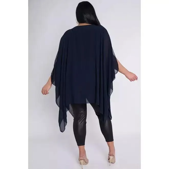 Dahlia PLUS SIZE Navy Sheer Cape Style Batwing Top