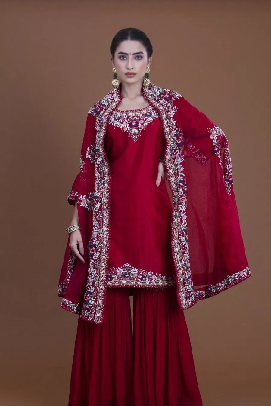 Deep Maroon Kurta, Sharara And Cape Set