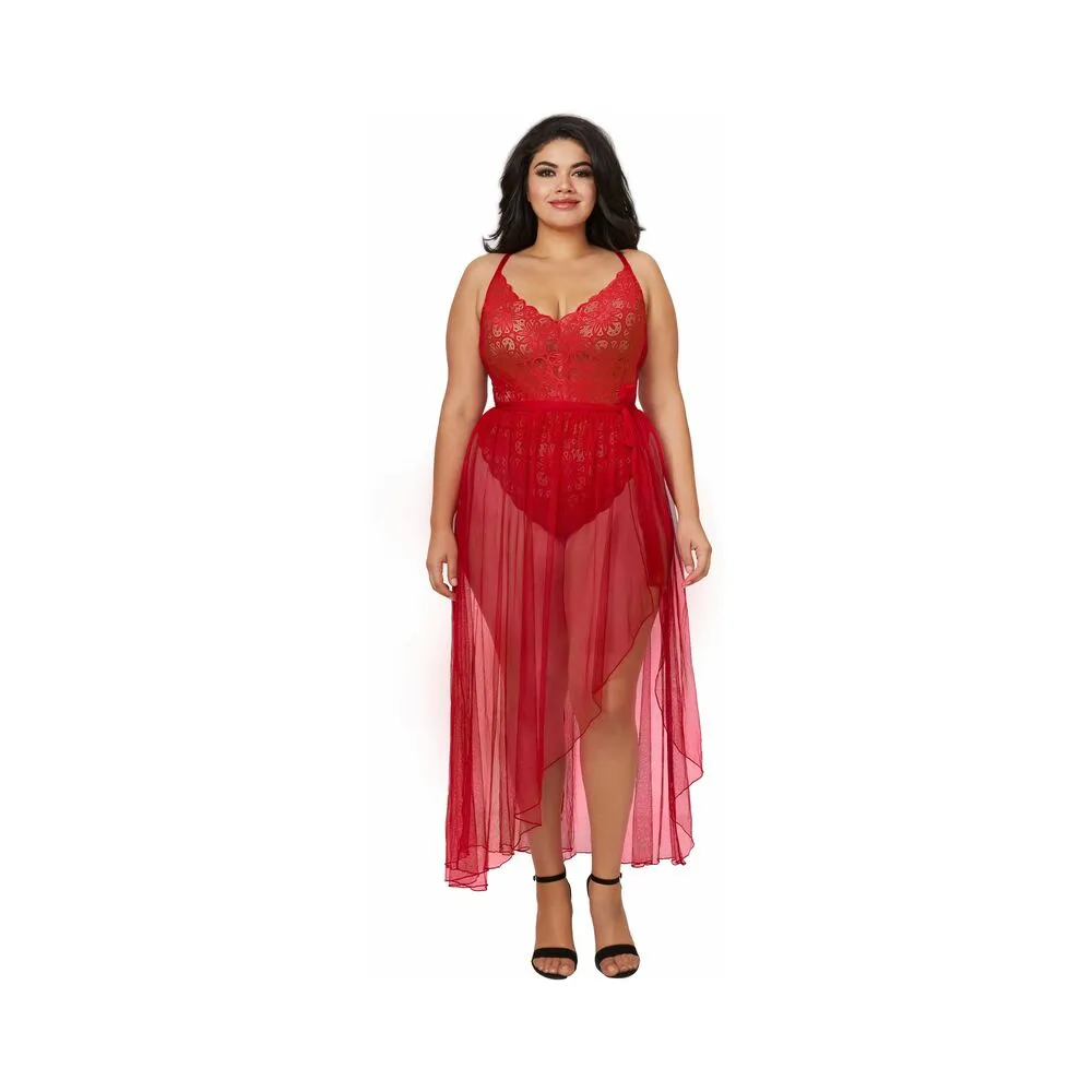 Dreamgirl Dreamgirl Teddy & Sheer Mesh Maxi Skirt With G-String Rouge Queen 2X Hanging