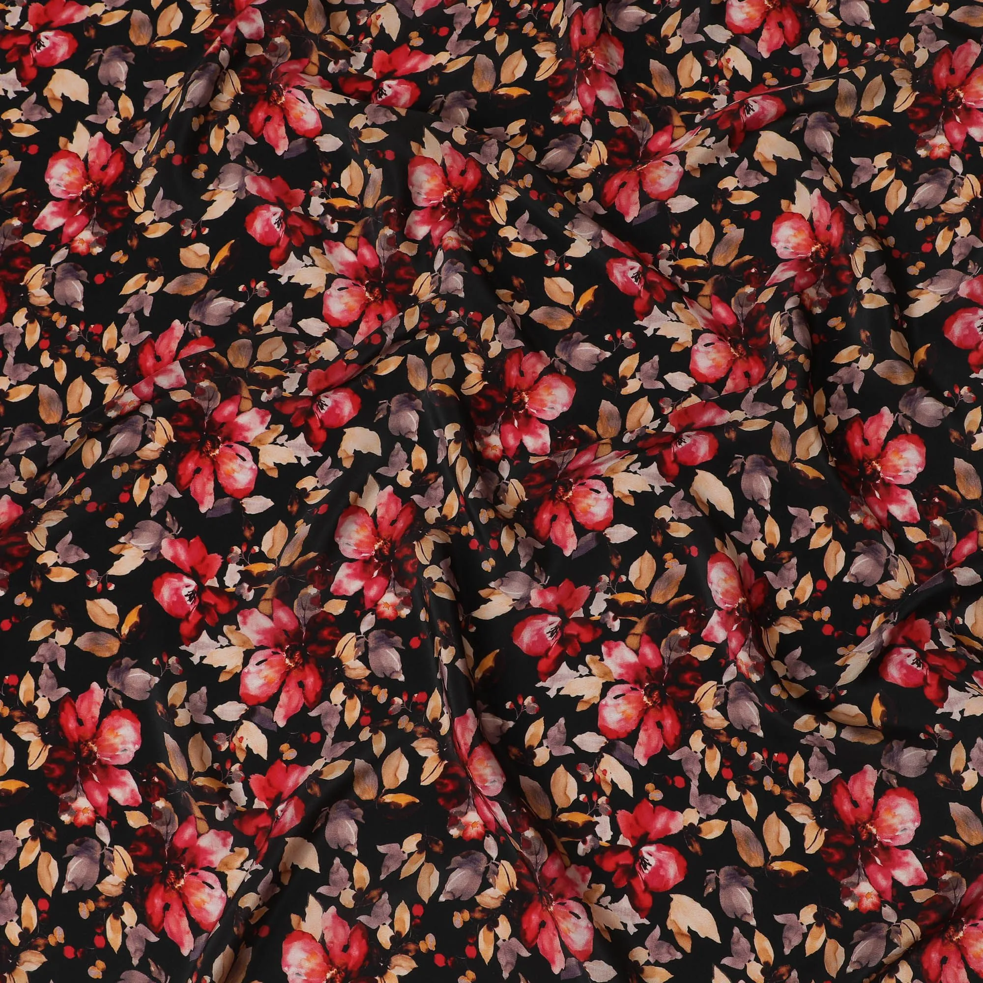 Elegant Autumnal Blossoms Viscose Fabric, 110 cm Width - Luxurious Red & Orange Floral Print on Black-D18730