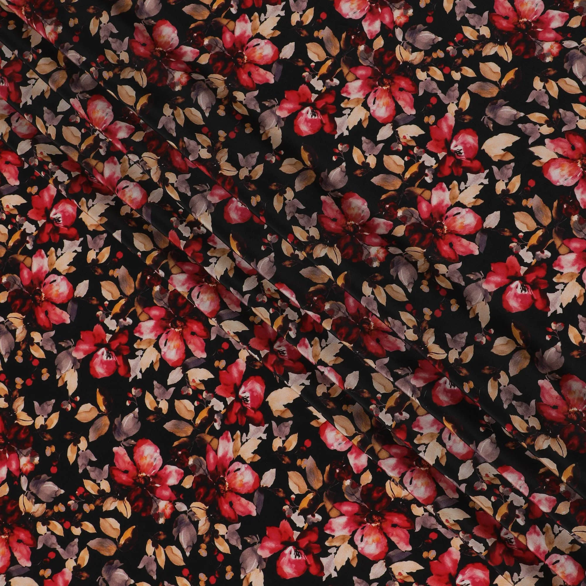 Elegant Autumnal Blossoms Viscose Fabric, 110 cm Width - Luxurious Red & Orange Floral Print on Black-D18730