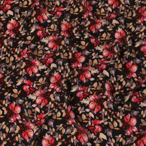 Elegant Autumnal Blossoms Viscose Fabric, 110 cm Width - Luxurious Red & Orange Floral Print on Black-D18730