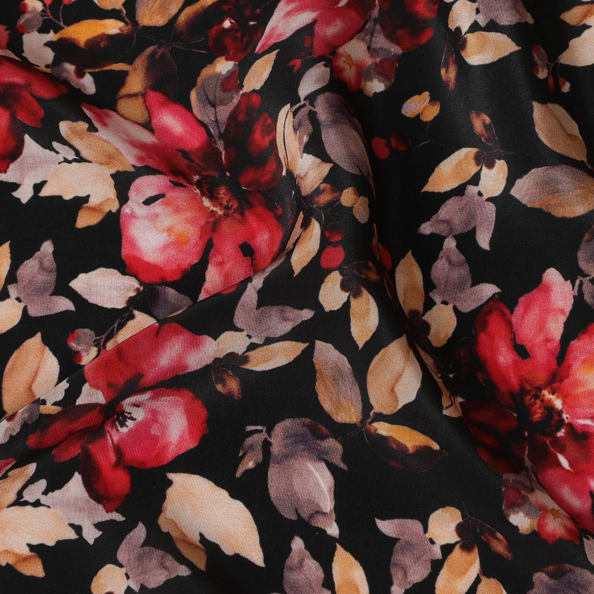 Elegant Autumnal Blossoms Viscose Fabric, 110 cm Width - Luxurious Red & Orange Floral Print on Black-D18730