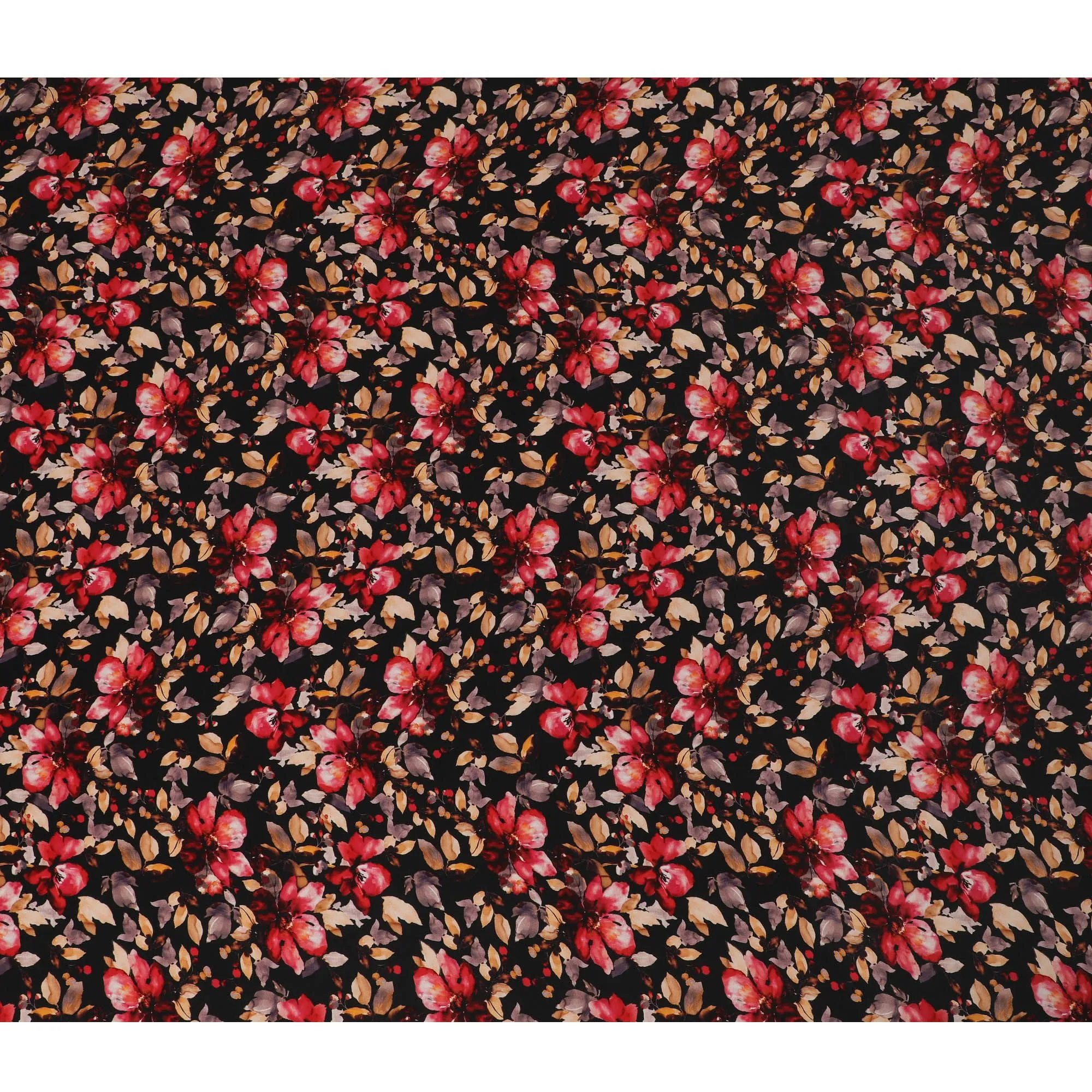 Elegant Autumnal Blossoms Viscose Fabric, 110 cm Width - Luxurious Red & Orange Floral Print on Black-D18730