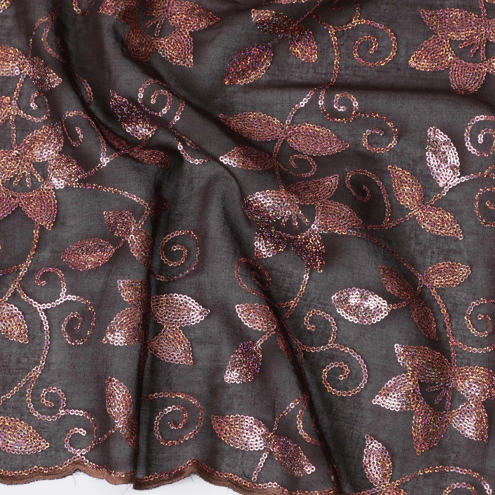 Elegant Brown Floral Embroidered Cotton Voile Fabric for Thobe - 140cm Width-4.5 Mtrs piece-D18606