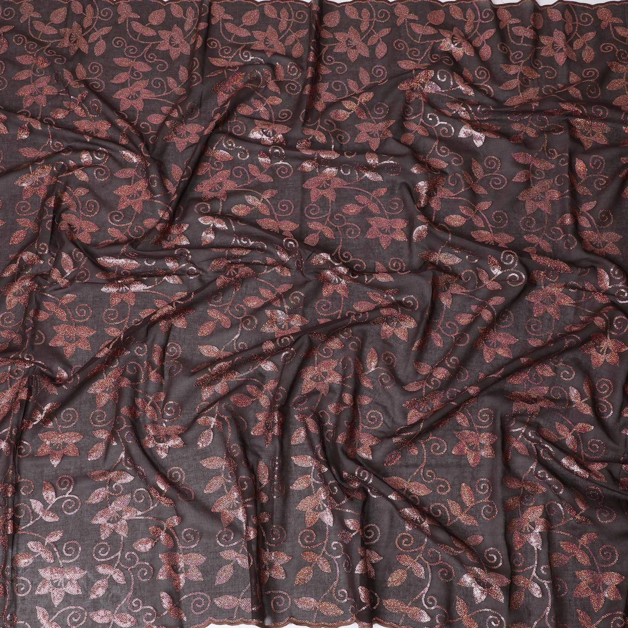 Elegant Brown Floral Embroidered Cotton Voile Fabric for Thobe - 140cm Width-4.5 Mtrs piece-D18606