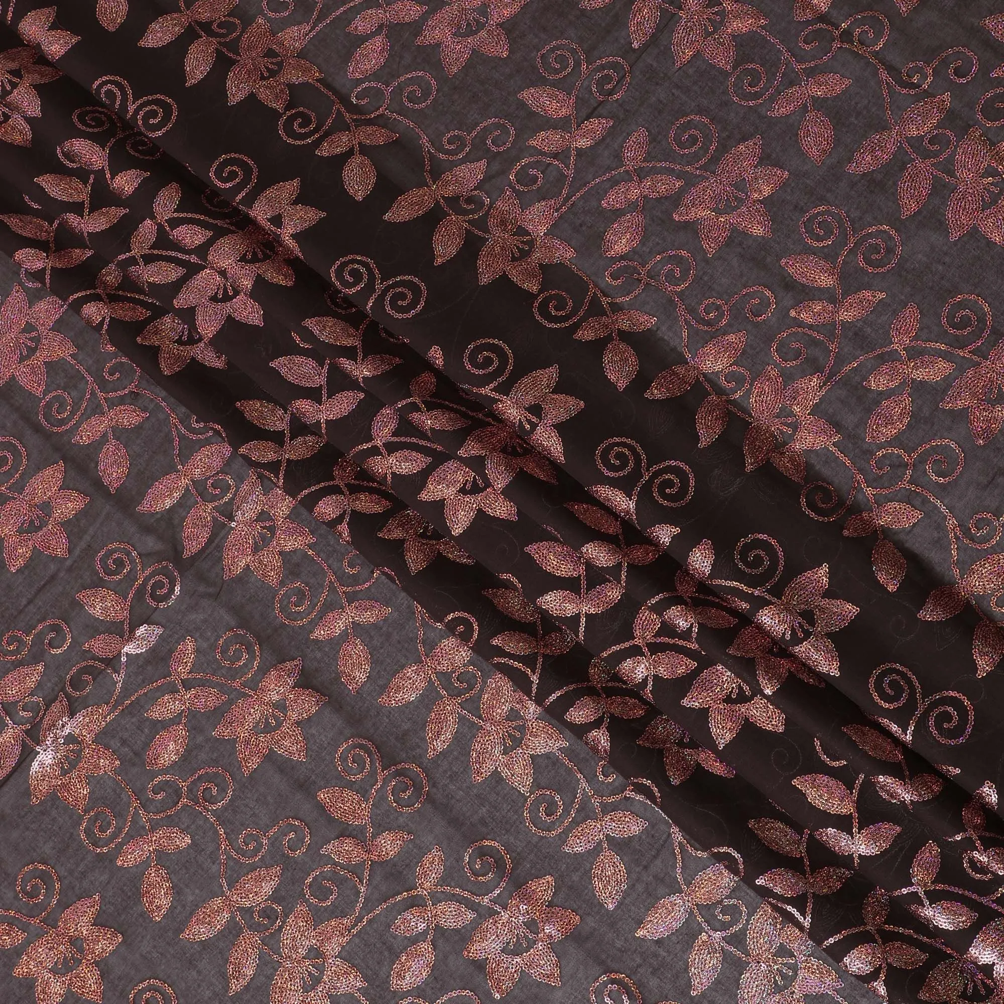 Elegant Brown Floral Embroidered Cotton Voile Fabric for Thobe - 140cm Width-4.5 Mtrs piece-D18606