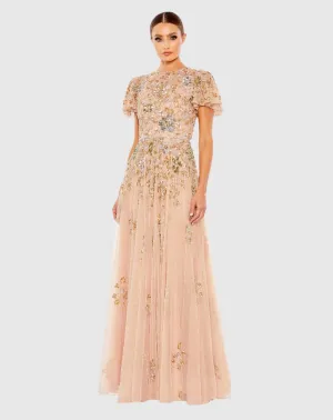 Embellished Butterfly Sleeve High Neck Gown - FINAL SALE