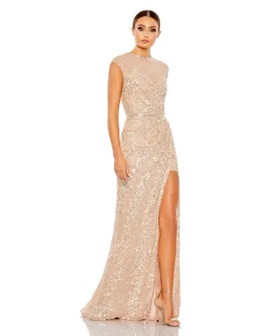 Embellished Illusion High Neck Cap Sleeve Gown