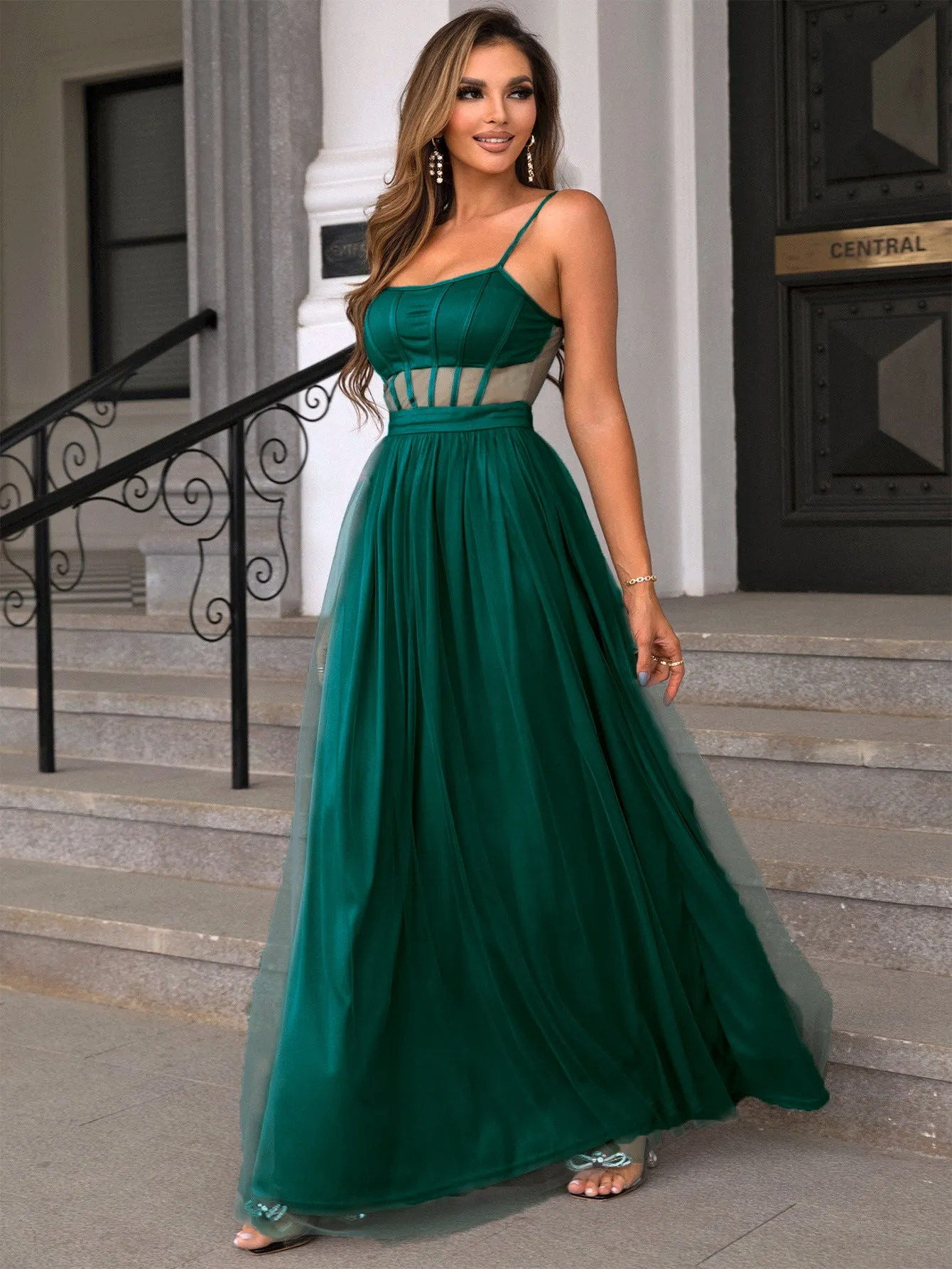 Emerald Poise Satin Prom Maxi Dress