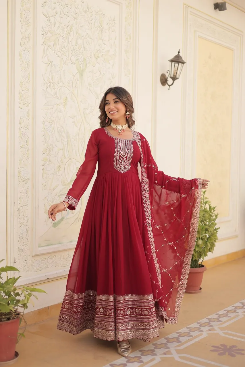 Faux Blooming Sequin Maroon Gown with Embroidered Dupatta