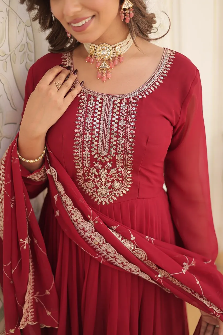 Faux Blooming Sequin Maroon Gown with Embroidered Dupatta