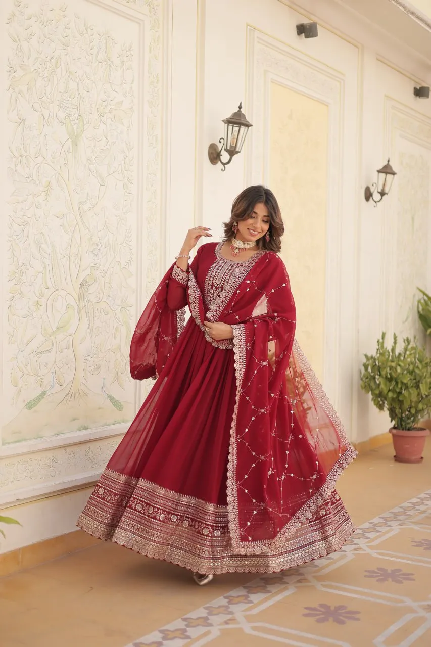 Faux Blooming Sequin Maroon Gown with Embroidered Dupatta