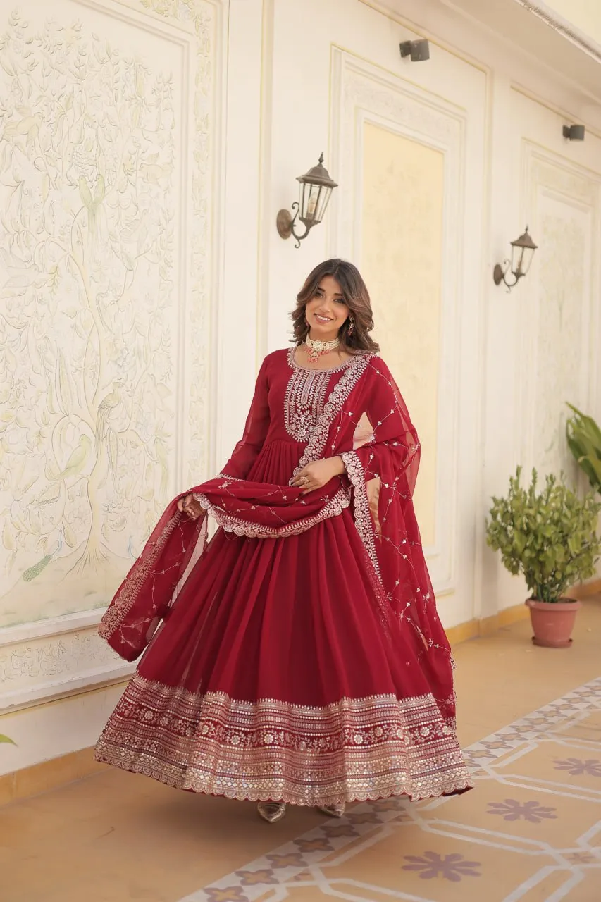 Faux Blooming Sequin Maroon Gown with Embroidered Dupatta