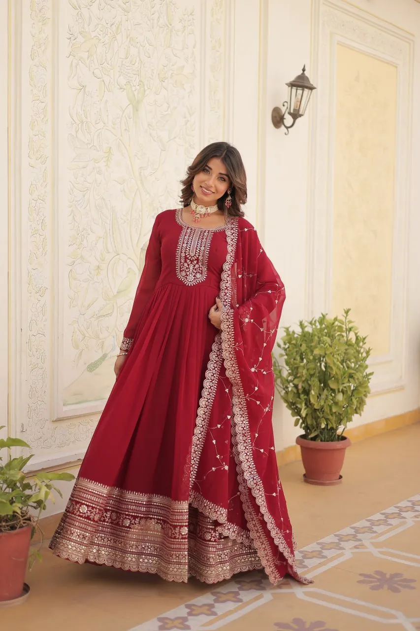 Faux Blooming Sequin Maroon Gown with Embroidered Dupatta