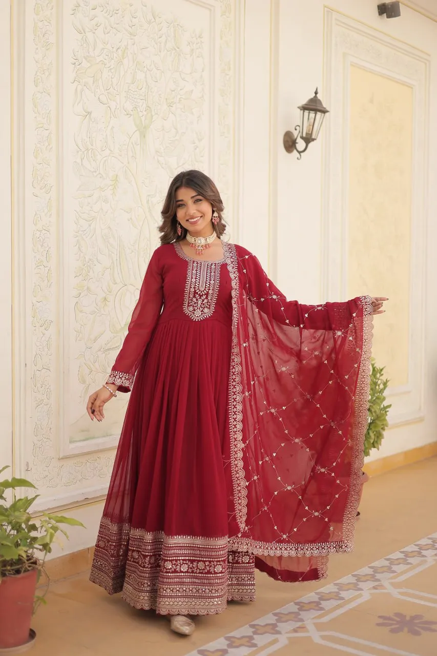 Faux Blooming Sequin Maroon Gown with Embroidered Dupatta