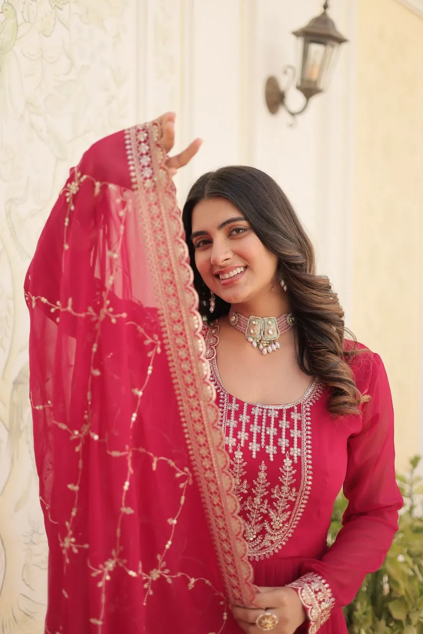 Faux Blooming Sequin Pink Gown with Embroidered Dupatta