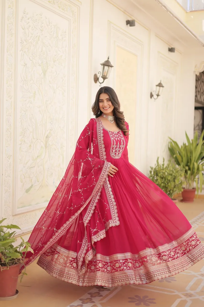 Faux Blooming Sequin Pink Gown with Embroidered Dupatta