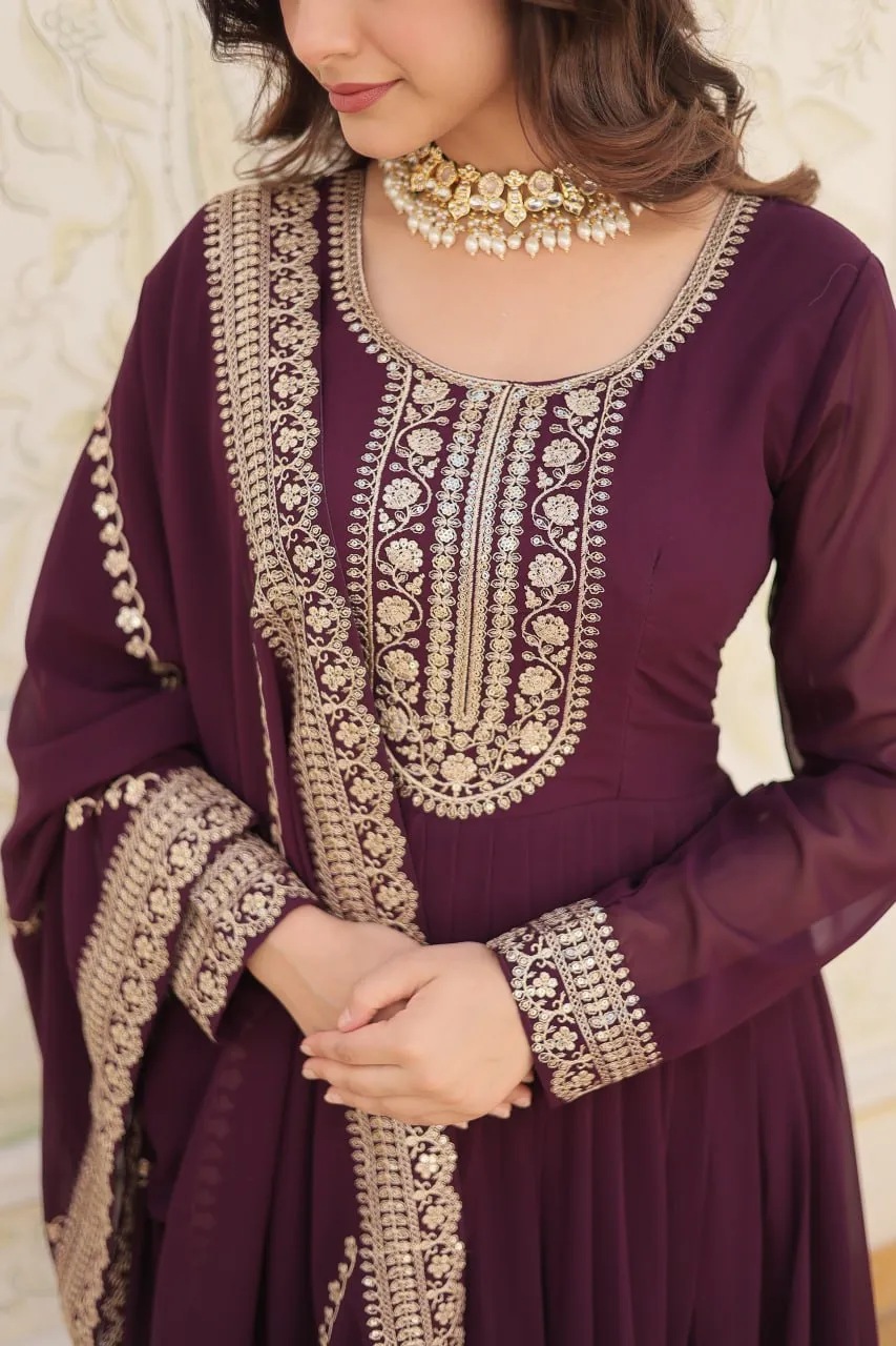 Faux Blooming Sequin Wine Gown with Embroidered Dupatta