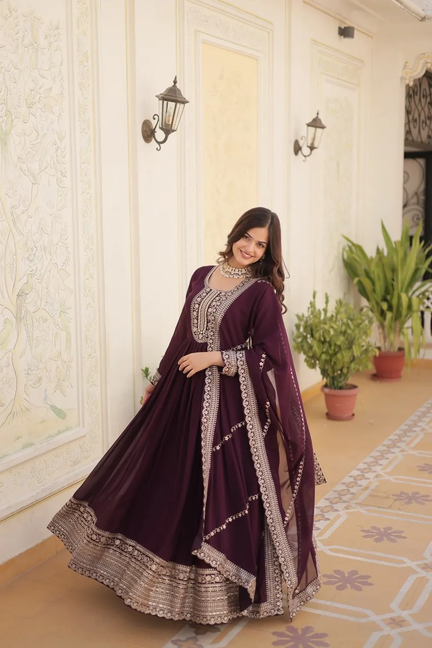 Faux Blooming Sequin Wine Gown with Embroidered Dupatta