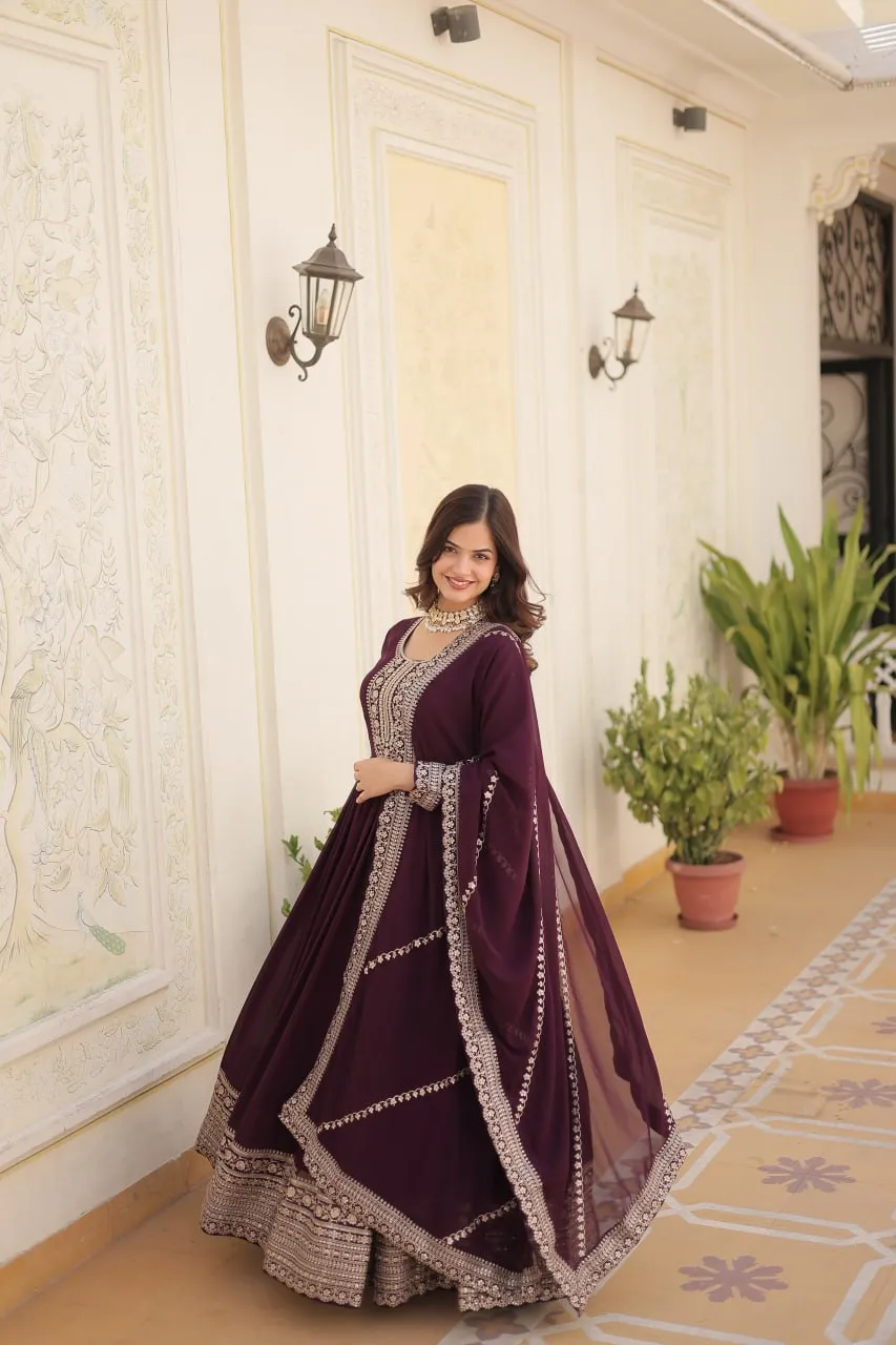 Faux Blooming Sequin Wine Gown with Embroidered Dupatta