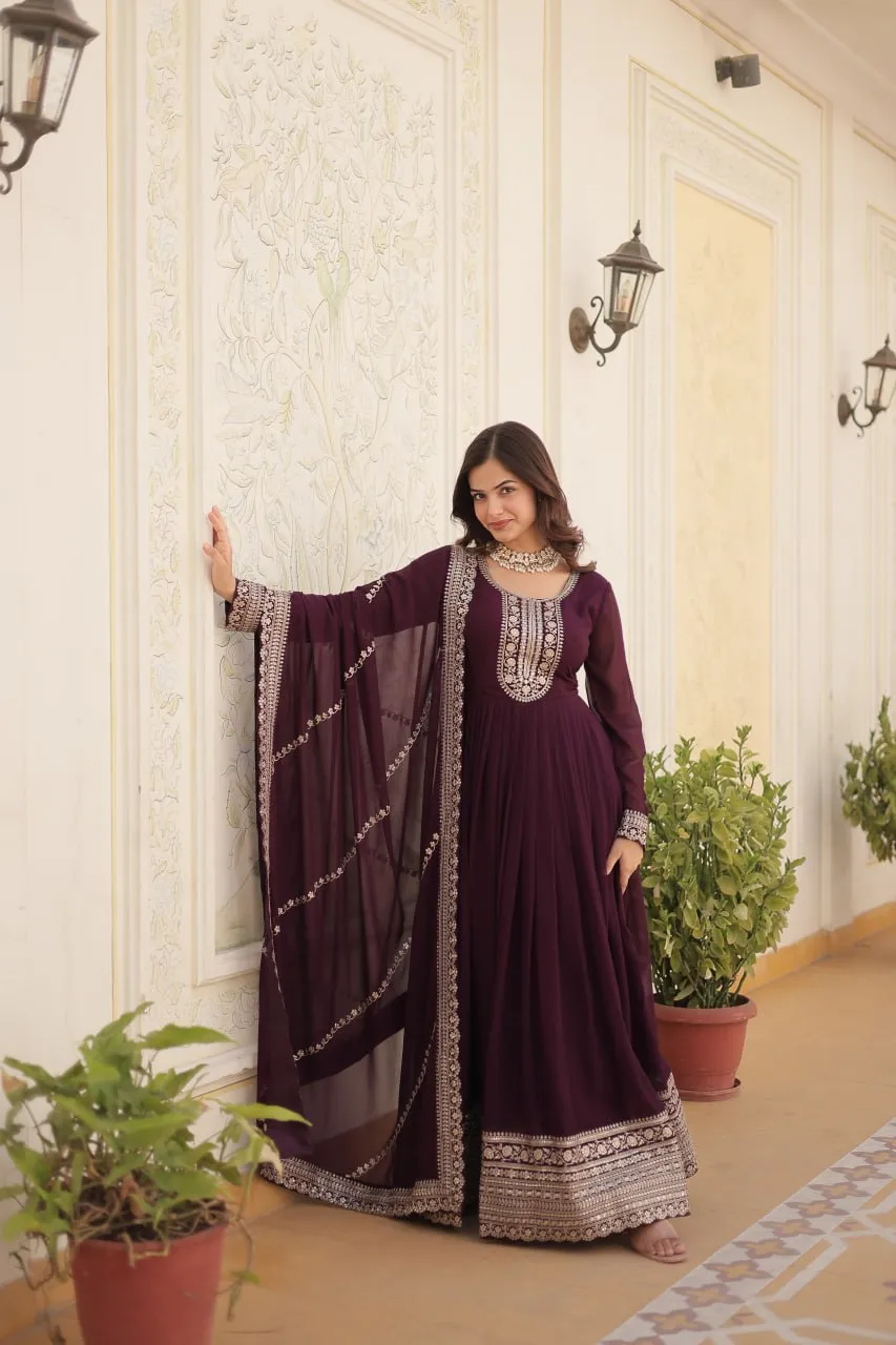 Faux Blooming Sequin Wine Gown with Embroidered Dupatta