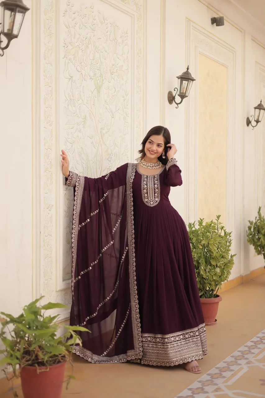 Faux Blooming Sequin Wine Gown with Embroidered Dupatta