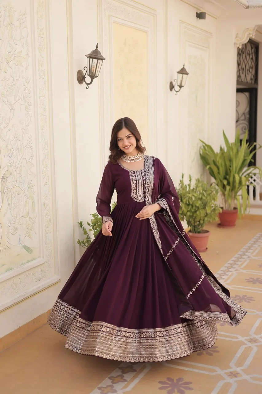 Faux Blooming Sequin Wine Gown with Embroidered Dupatta