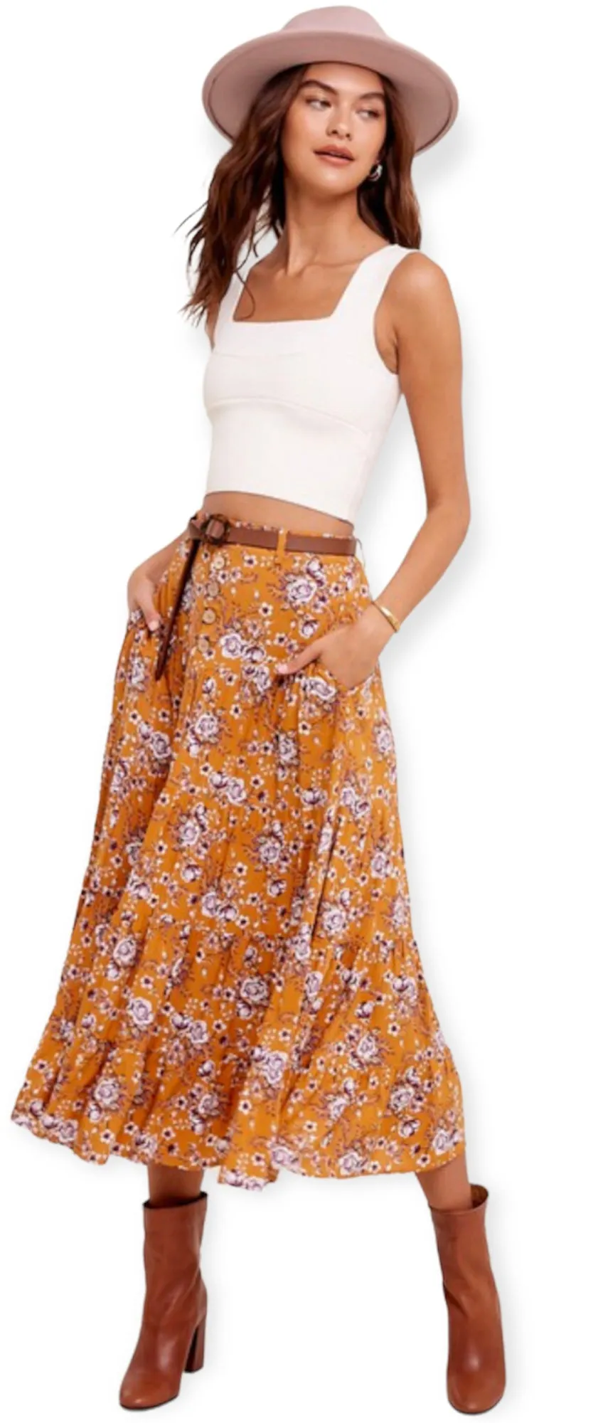 Floral Printed Button Down Waist Tiered Maxi Skirt