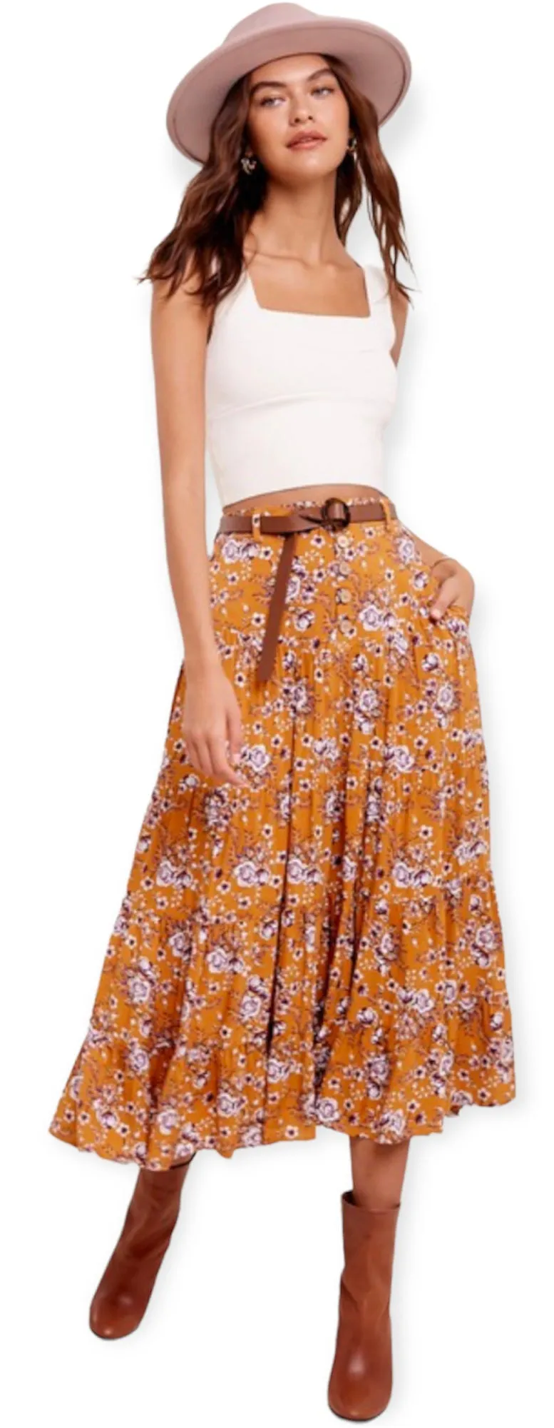 Floral Printed Button Down Waist Tiered Maxi Skirt