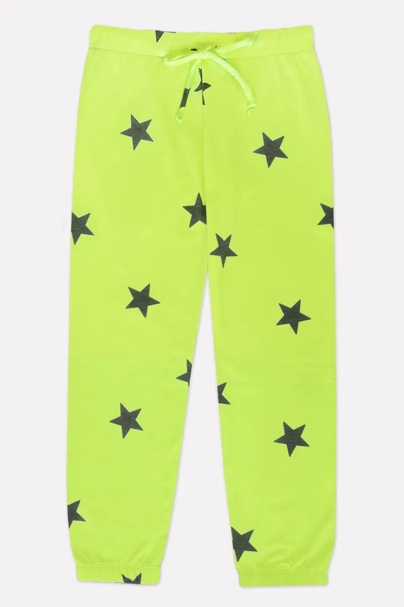 French Terry Cozy Sweatpant - Neon Lemon Lime Stars