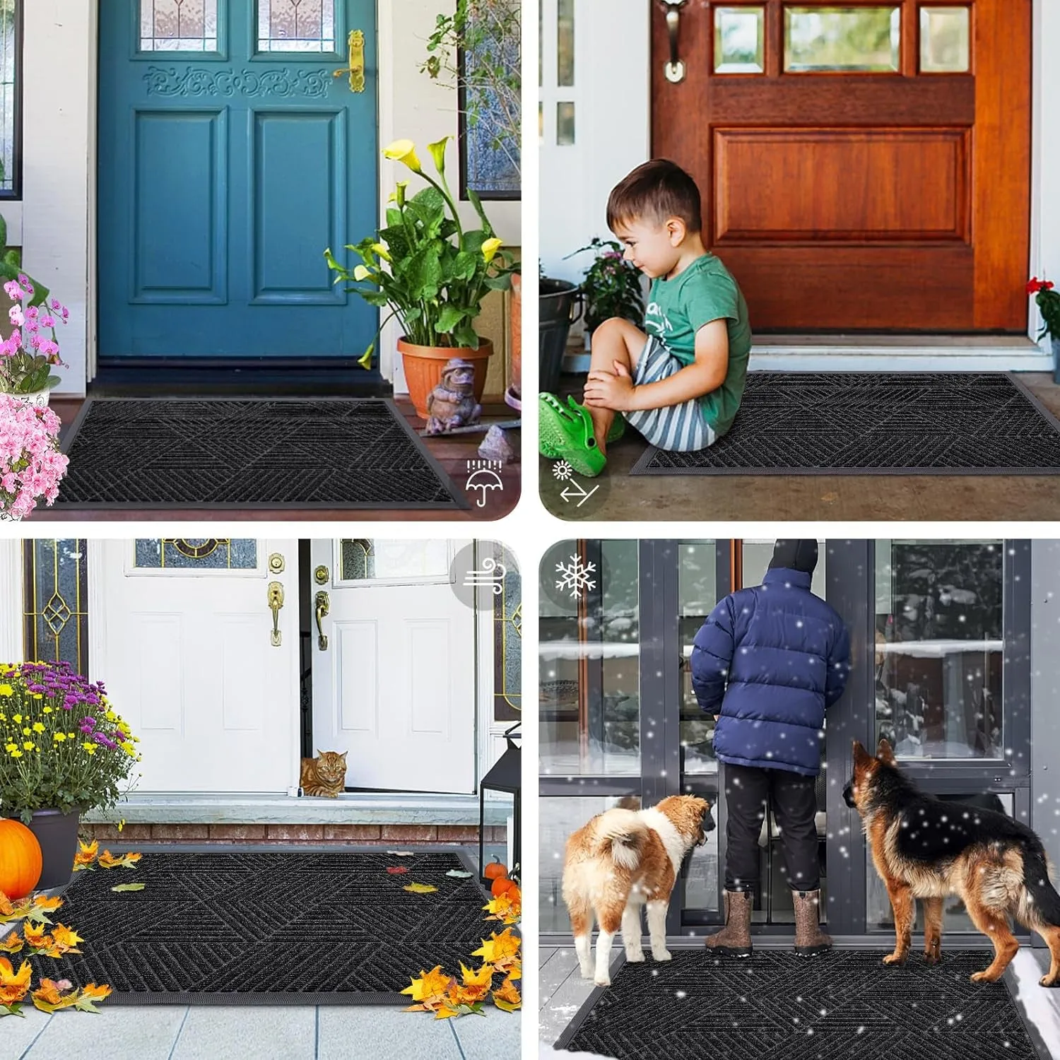 Front Door Mat outside Entrance, Heavy Duty Natural Rubber Mat, Sturdy Trap Dirt and Moisture Indoor Outdoor Door Mat, Easy Clean Low Profile Doormat Outdoor Entrance, 29.5X17 Inch, Black