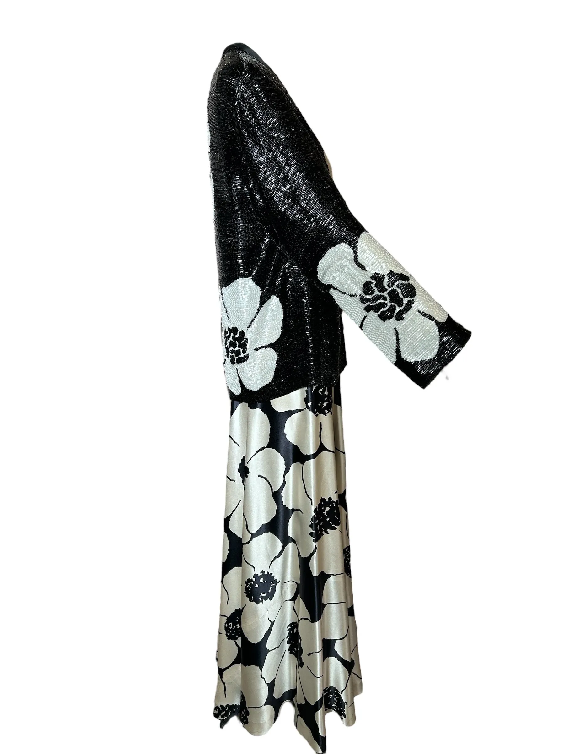 Galanos 90s Solid Beaded Floral Ensemble with Maxi Silk Skirt