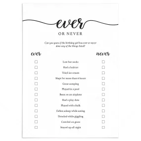 Girl 1st Birthday Party Game Ever or Never Printable