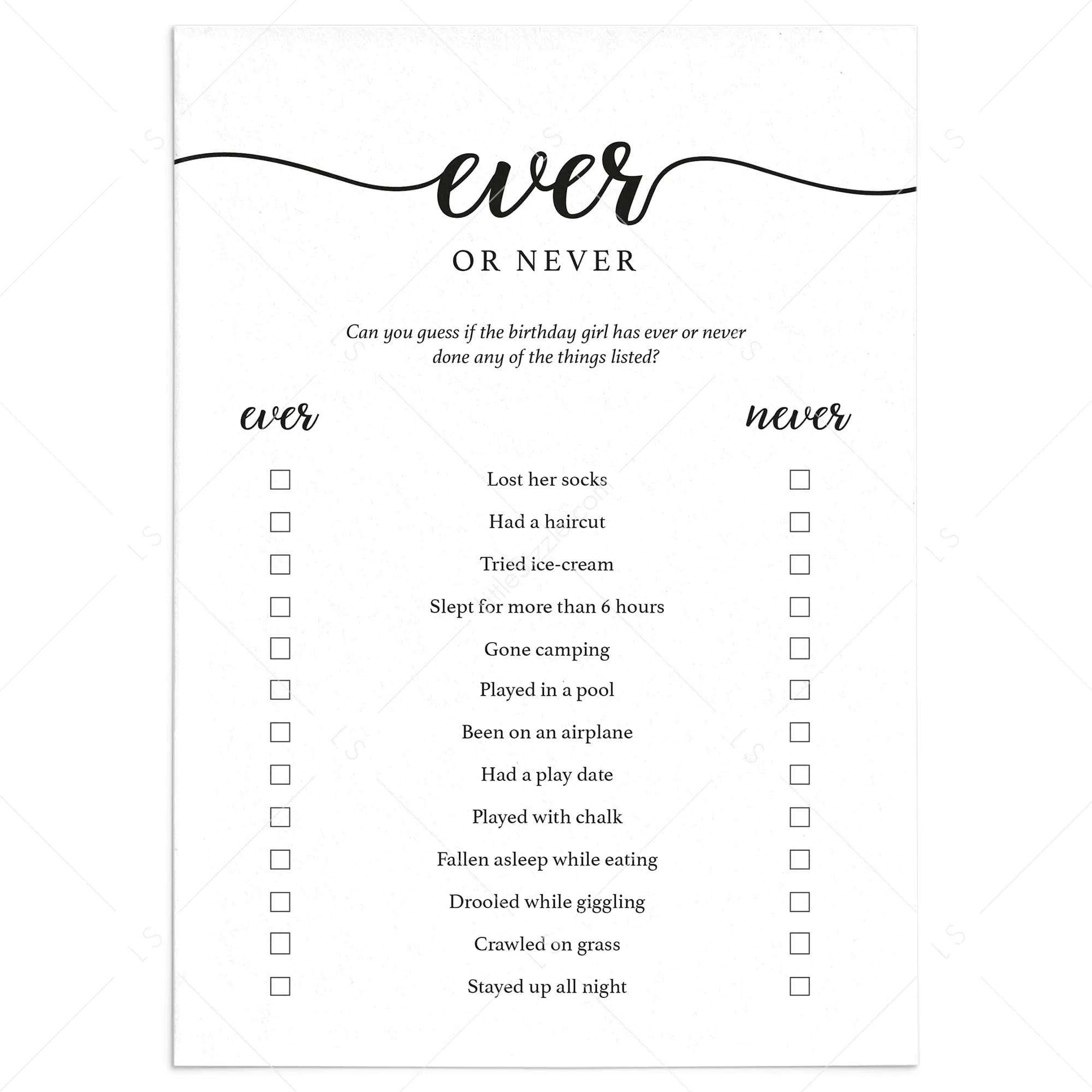 Girl 1st Birthday Party Game Ever or Never Printable