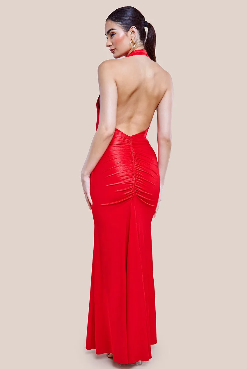 Goddiva Halter Cowl Neck Back Maxi Dress