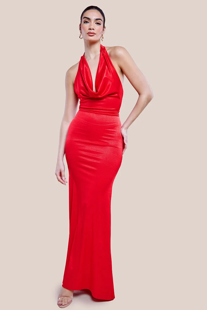 Goddiva Halter Cowl Neck Back Maxi Dress