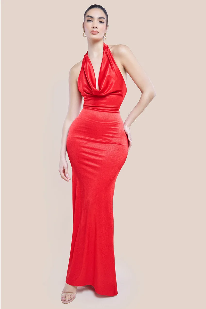 Goddiva Halter Cowl Neck Back Maxi Dress