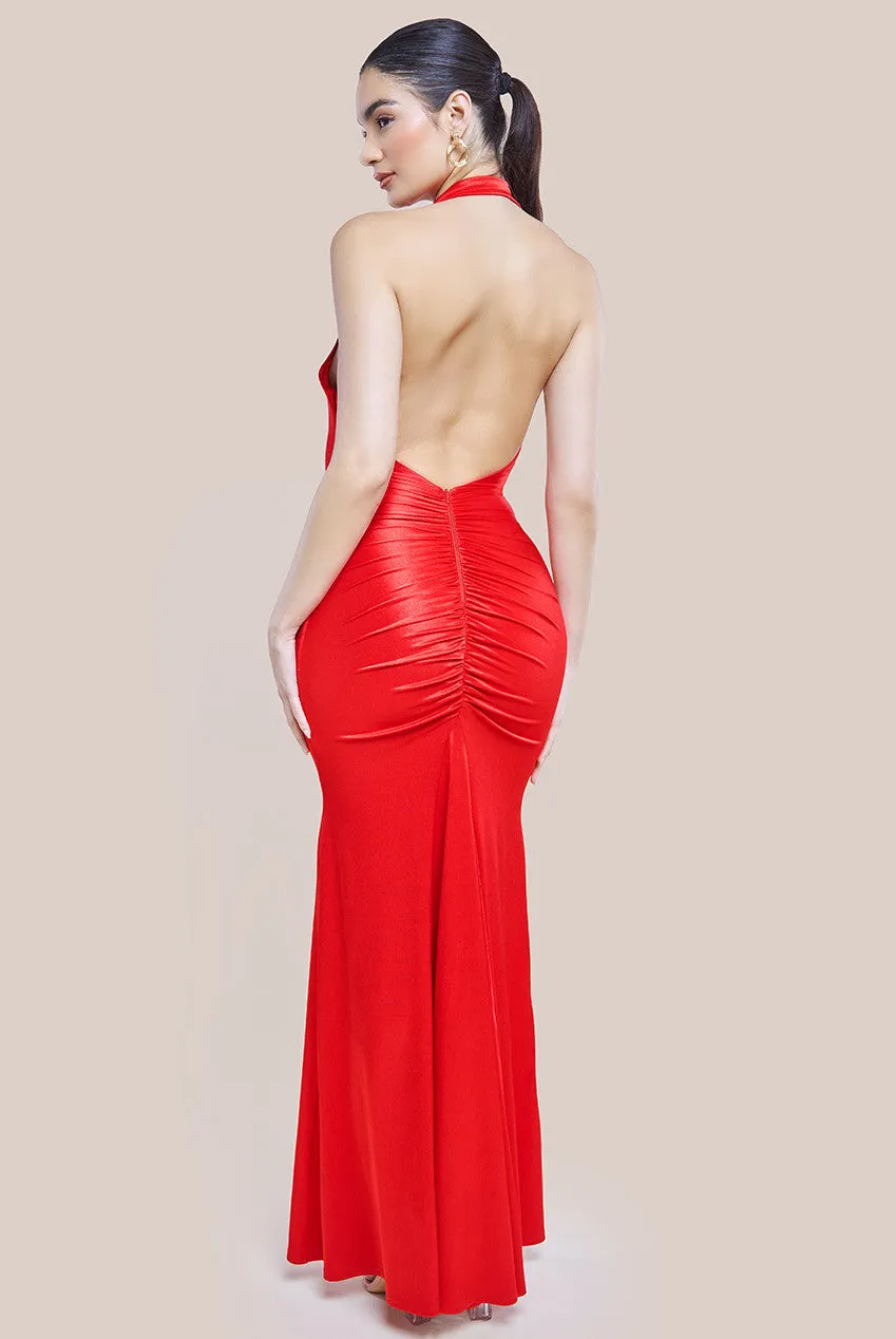 Goddiva Halter Cowl Neck Back Maxi Dress