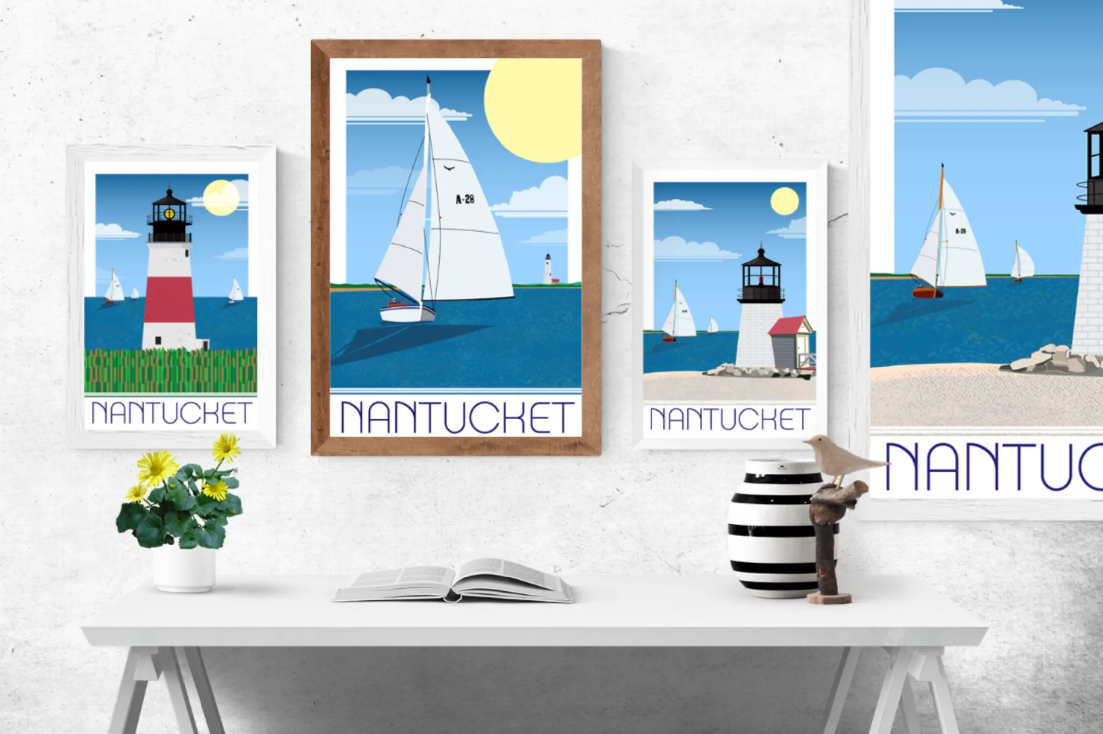 Great Point Lighthouse & Sailboat Illustration