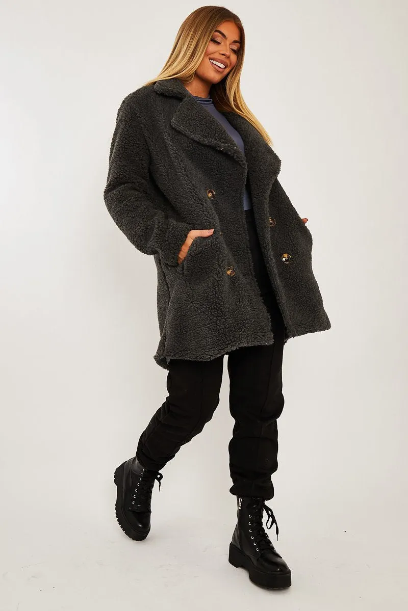 Grey Double Breasted Button Front Teddy Coat - Maizee