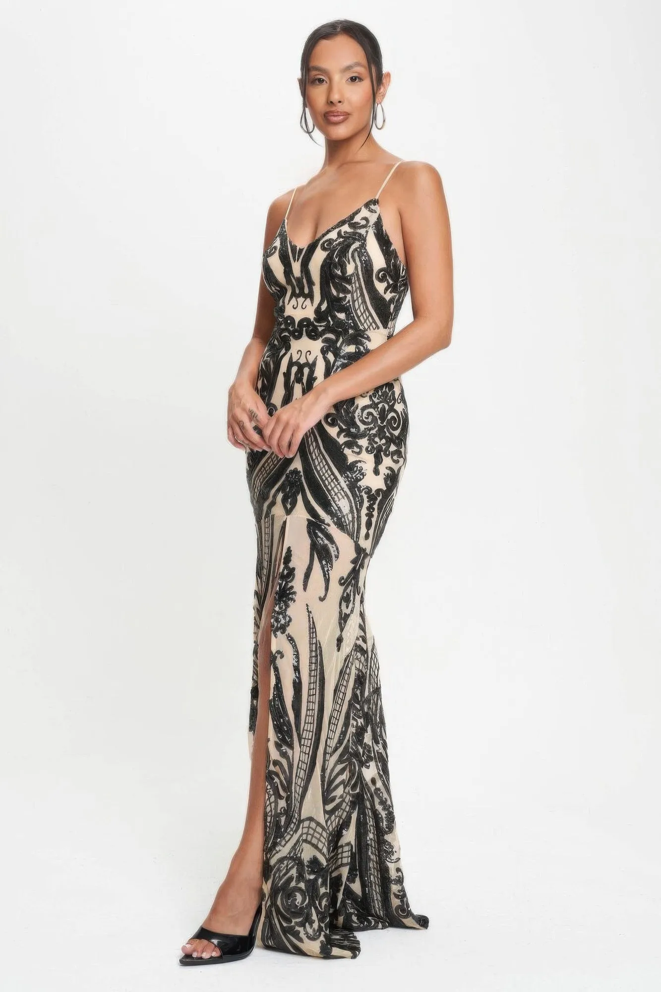 Hot Girl Art Deco Sequined Maxi Dress In Black